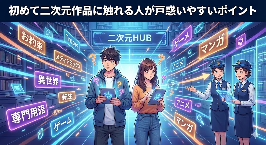 デジタルデバイスを手に、膨大な情報のラベル（タグ）を前にして少し困惑している大人のイラスト