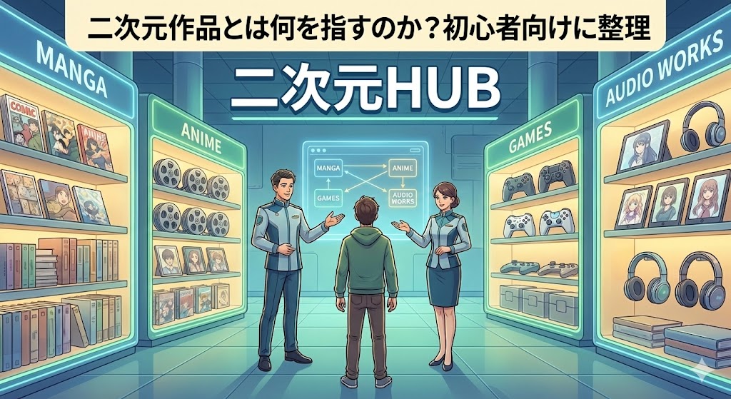 二次元作品の多様なジャンル（アニメ・漫画・ゲーム等）を整理・分類するイメージ図