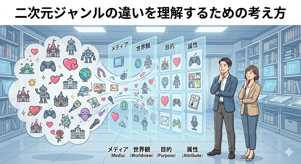 「メディア」「世界観」「属性」など、異なる視点のラベルを組み合わせて作品を分類している概念図