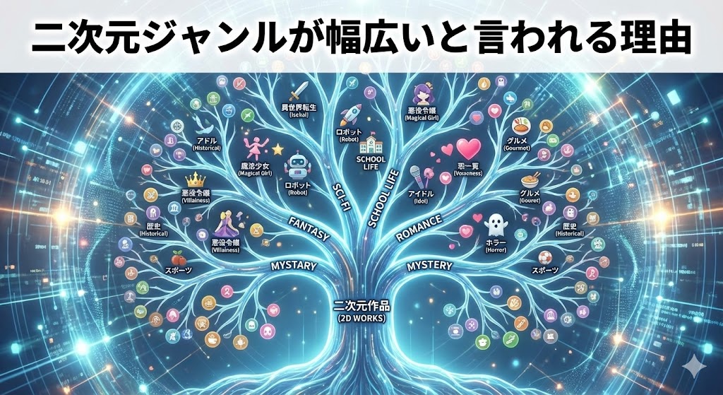 多種多様なタグが付いた二次元作品のイラストが、木のように枝分かれして広がっていくイメージ図