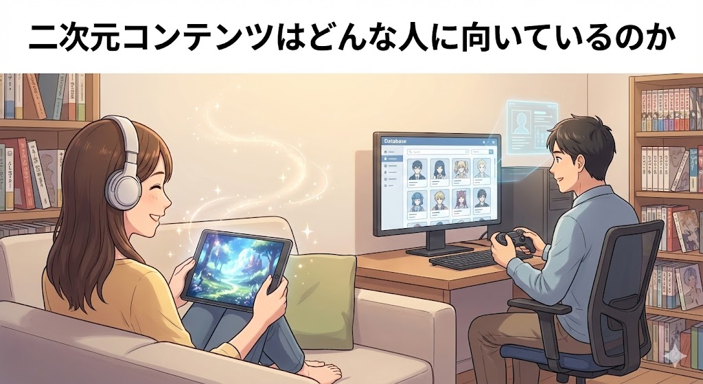 多様な趣味のアイコン（本、コントローラー、ヘッドホン）に囲まれ、自分のライフスタイルと照らし合わせている大人のイメージ図