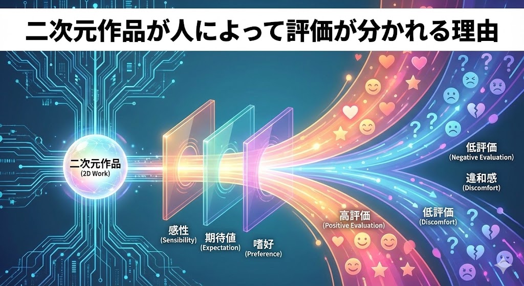 二次元作品を鑑賞し、それぞれ異なる感想（プラス・マイナスの評価）を持つ大人のシルエットと、その背景にある「感性」「設定」「描写」などのキーワードのイメージ